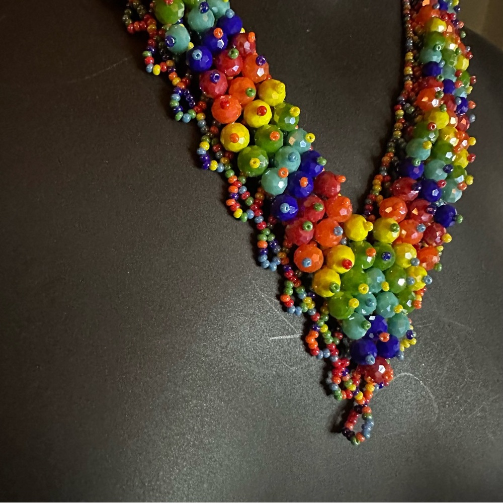 Multicolored Handmade Beaded Chaquira Necklace V-Shaped Statement Boho Choker - Picture 13 of 14